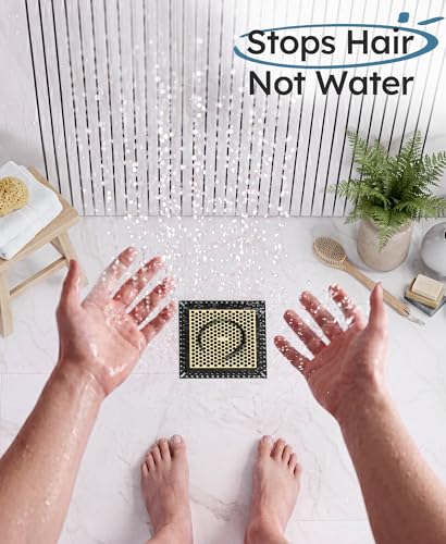 Square Shower Drain Hair Catcher, Anti-Clogging, 4 inch | 304 Stainless Steel and TPE Material/ Not Moving / Easy Clean / Fast Drainage / Fits Bathroom Hair Catcher for Shower - color: Matte Black & Brushed Gold, size: 4 inch
