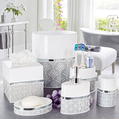 Creative Scents Mirror Damask 6 Piece Resin Bathroom Accessories Set | Includes Trash can, Tissue Box Cover, Soap Dispenser, Toothbrush Holder, Tumbler Cup & Soap Dish - color: 6 Piece Set