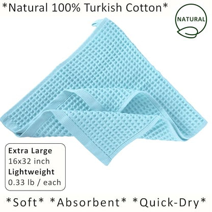 PÜSKÜL Natural 100% Turkish Cotton Waffle Kitchen and Hand Towels, 3-Piece | Turquoise, 32x16" Large, Premium 3D Honeycomb Weave Soft Absorbent Quick-Dry Lint-Free Dish Towel, Oeko-Tex Made in Turkey - color: Turquoise, size: Kitchen & Hand Towels Pack of
