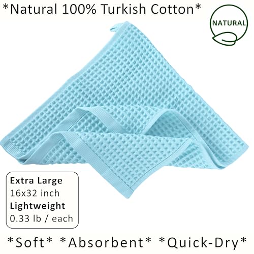PÜSKÜL Natural 100% Turkish Cotton Waffle Hand and Kitchen Towels Set of 3 | Turquoise, Large 32x16 inc, Honeycomb-Waffle weave towel for bathroom & kitchen. Premium quality oeko-tex made in Turkey. - color: Turquoise, size: Kitchen & Hand Towels Pack of