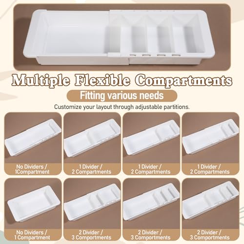 2Pcs Expandable Sliding Drawer Tray with Adjustable Dividers | Plastic Deep Desk Drawer Dividers Organizers Expandable 11.4 to 18.1 Inches For Utensils Office Bathroom Bedroom Kitchen