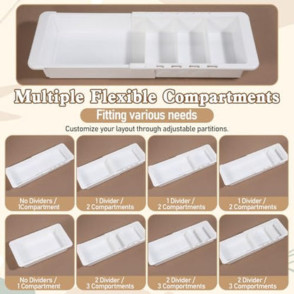 2Pcs Expandable Sliding Drawer Tray with Adjustable Dividers | Plastic Deep Desk Drawer Dividers Organizers Expandable 11.4 to 18.1 Inches For Utensils Office Bathroom Bedroom Kitchen