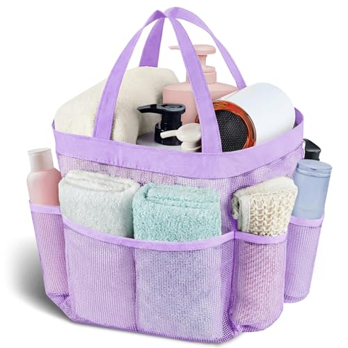 Mesh Shower Caddy Portable - 9 Pockets, Shower Bag for Dorm Room Camping | 2 Handle Quick Dry Shower Bag College Dorm Room Essentials Large Capacity Hanging Basket for Bathroom Travel Swimming Gym - color: light purple