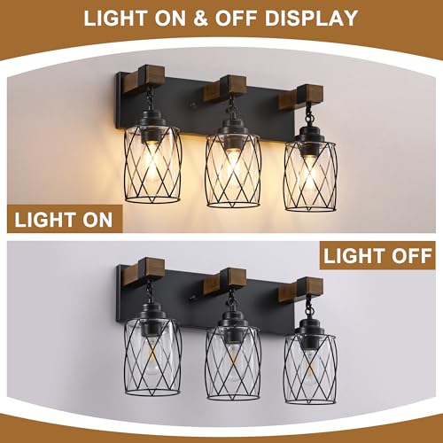 Bathroom Light Fixtures,Farmhouse Black Metal with Glass Shade | 3 Light Rustic Vanity Lights, Wood Accent Wire Cage Design, Mounts Over Mirror, Ideal for Bedroom & Hallway,Easy to Install - size: 3-Light