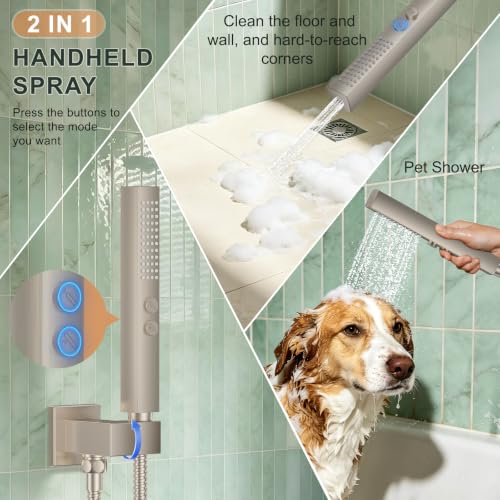 Rain Shower System with Rough-in Valve, Wall Mount Shower Faucet Set with 12" & 6" Dual Rain Shower Heads, 2-in-1 Handheld Shower, Tub Spout, 4-Function Complete Shower Fixture, Brushed Nickel - color: Brushed Nickel, size: Wall Mount-12"+6" head with Tub