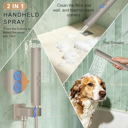Rain Shower System with Rough-in Valve, Wall Mount Shower Faucet Set with 12" & 6" Dual Rain Shower Heads, 2-in-1 Handheld Shower, Tub Spout, 4-Function Complete Shower Fixture, Brushed Nickel - color: Brushed Nickel, size: Wall Mount-12"+6" head with Tub