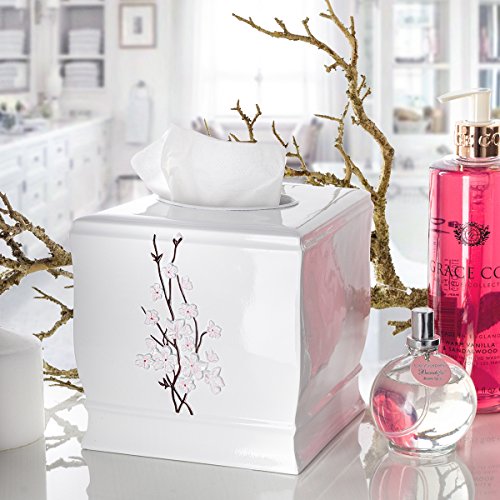 Vanda Cherry Blossom White Square Resin Tissue Box Cover with Bottom Slider - style: Square Tissue Box