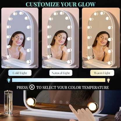 LUXFURNI Vanity Mirror with Lights, 24.5" Arched Hollywood Makeup Mirror | 12 LED Lights, 3 Color Modes, Touch Memory Control, Arched Frame No‑Bend Full‑Face View, HD Anti‑Glare Rust‑Resistant Glass