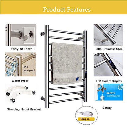 Towel Warmer Rack,Electric Heated Towel Rack Freestanding & Wall Mounted, Towel Warmer for Bathroom Standing 304 Stainless Steel,10 Bars Radiator with Timer,Plug-in,Silver - color: Silver