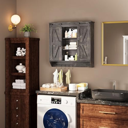 Trironsun Farmhouse Medicine Cabinet 2 Sliding Barn Doors 3 Tier Rustic Wood Wall Storage Cabinet Adjustable Shelf Towel Bar Wall Mounted Bathroom Wall Cabinet - color: Dark Rustic Oak
