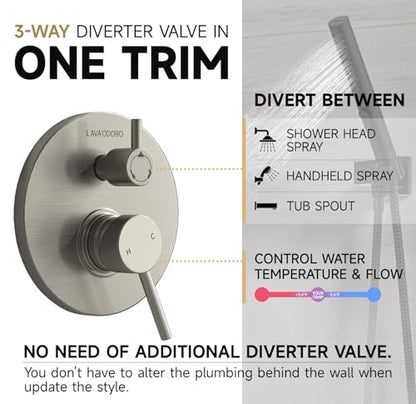 Lava Odoro Modern Rain Bathtub and Shower Faucet Set, SF104-BN-T | 3-Setting Round Bathtub Shower Faucet, Shower System with Tub Spout, Bath Shower Valve Trim Kit, 10 Inch, Brushed Nickel - color: Brushed Nickel, style: With Tub Spout