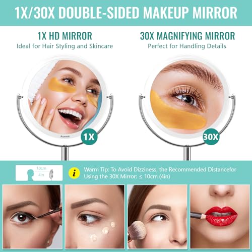 Auxmir 1X/30X Double-Sided Makeup Mirror, 6.7" Magnifying Mirror | 360°rotation, tweezers, vanity desk table stand travel, stainless steel and ABS construction, 30X magnification - color: 1x/30x-6 Inch