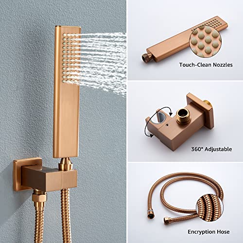 Iriber Brushed Rose Gold Rain Shower System with 12 Inch Shower Head and Handheld Bathroom Wall Mounted Shower Set Contain Shower Faucet Mixer and Trim Kit (Valve Included) - color: Brushed Rose Gold 05