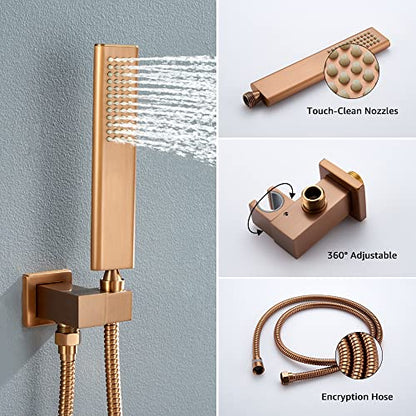 Iriber Brushed Rose Gold Rain Shower System with 12 Inch Shower Head and Handheld Bathroom Wall Mounted Shower Set Contain Shower Faucet Mixer and Trim Kit (Valve Included) - color: Brushed Rose Gold 05