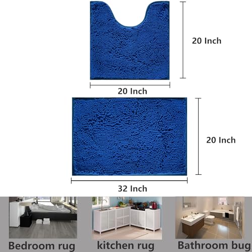 Bathroom Rugs Chenille, Extra Thick and Absorbent, Non-Slip, Machine Washable, Dry Quckily, Soft Cozy Plush, Used Under Shower Bathtub and Sink, Bath mat Sets Royal - color: Royal Blue, size: 20 x 32 inch + 20 x 20 inch (U-Shape)