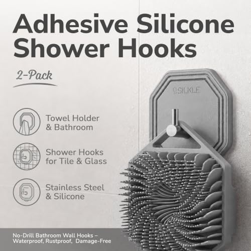 SILKLE Silicone Shower Hooks for Inside Shower, 2-Pack Adhesive Towel Hooks | Adhesive Shower Hooks, No Drill - Razor & Loofah Holders for Shower Wall, Heavy-Duty, Waterproof, Damage-Free - Gray - color: Gray