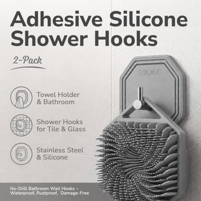 SILKLE Silicone Shower Hooks for Inside Shower, 2-Pack Adhesive Towel Hooks | Adhesive Shower Hooks, No Drill - Razor & Loofah Holders for Shower Wall, Heavy-Duty, Waterproof, Damage-Free - Gray - color: Gray