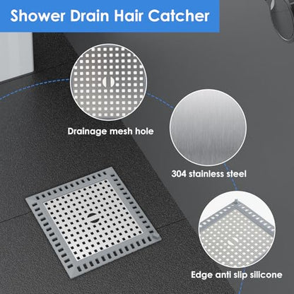 4 Pack Drain Hair Catcher, 4.8" Square Shower Drain Cover, 304 Stainless Steel Drain Strainer with Non-Slip Silicone Edge for Bathroom Floor Drain, Sink, Bathtub and Laundry
