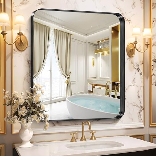 CIRCUMI Black Bathroom Mirror, 30"x36" Rectangular Mirror for Vanity | Deep Metal Frame, Rounded Corner, Shatter proof, Tempered Glass, Installed Vertically/Horizontally, Mirror for Wall,Over Sink - color: Rounded Corner Black, size: 36"L x 30"W