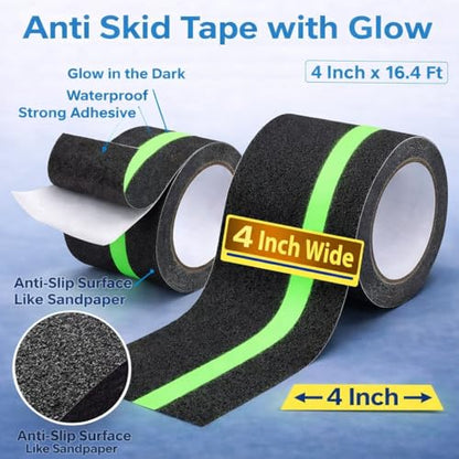 Anti-Slip Tape with Glow in the Dark, 4Inch x 16.4Ft Non Skid Traction Tape for Stairs, Floors, Decks, Indoors & Outdoors, Waterproof PVC Safety Grip Tape with Glow - size: 4 inches x 16.4 feet