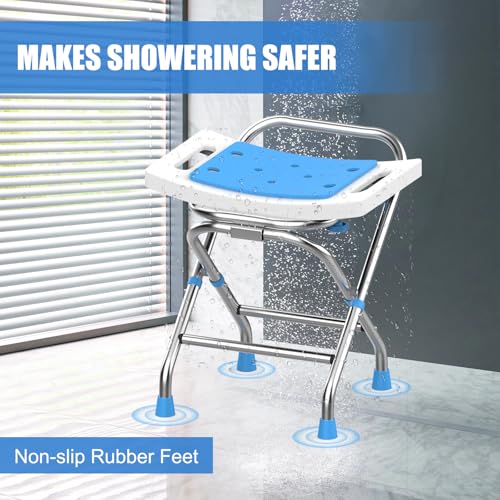 Height Adjustable Folding Shower Chair Seat, Stainless Steel Shower Chair for Inside Shower w/Crossbar, 420LB Portable Travel Shower Stool, Safety Anti-Slip Bath Chair for Seniors,White