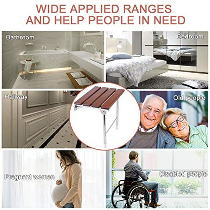 Folding Shower Seat Wall Mounted with Legs, Foldable Shower Chair for Inside Shower, Fold Down Shower Bench for Seniors (Wood, Fixed Height)