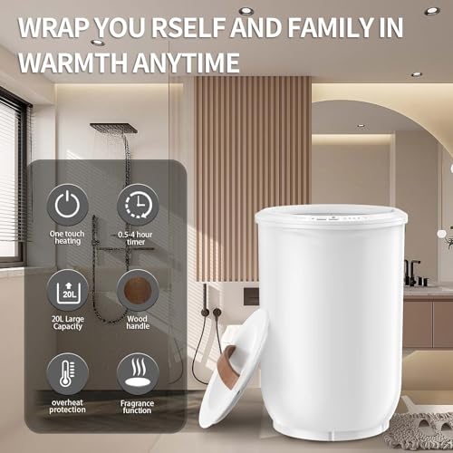 Large Towel Warmer for Bathroom - Heated Towel Warmers Bucket, Wood Handle, Auto Shut Off, Fits Up to Two 40"X70" Oversized Towels, Bathrobes, Blankets, for Mother's Gifts, White