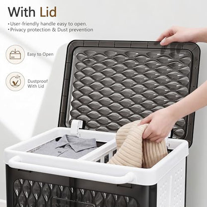 VECELO Rolling Laundry Hamper with Wheels and Lid, Foldable Plastic Laundry Basket with Handle, Rolling Divided Laundry Cart for Small Spaces, Laundry, Bathroom, Bedroom, Black - color: Black