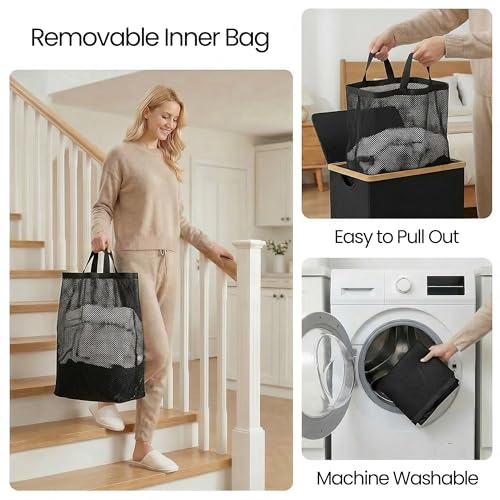 efluky Slim Laundry Basket with Lid, Narrow Laundry Hamper with Removable Bag, Skinny Dirty Clothes Basket with Bamboo Handles for Bathroom, Bedroom & Laundry Room, 75L Black - color: Black, size: 75L