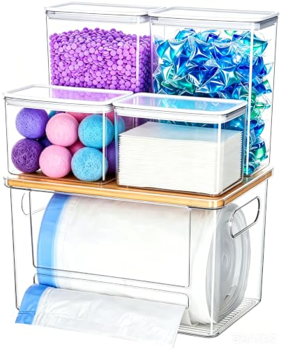 5-in-1 Under Sink Organizer with Trash Bag Dispenser & Acrylic Containers, Clear Laundry Pod & Dishwasher Pod Storage, Bamboo Lid Kitchen Pantry Organization