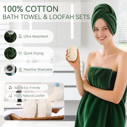 Green Bathroom Set, Dark Green Bathroom Accessories Set with Shower Curtain and Rugs, Bath Towel Sets, Natural Loofah Sponge, Soap Dispenser, Toothbrush Holder, Bathroom Tumbler and Tray for Bathroom - size: Bath Set+Shower Curtain+Rugs+Towel Set+2PCS Loo