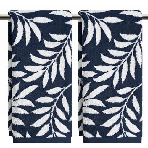 Artoid Mode 2 Pcs Beige Navy Blue Leaves Jacquard Hand Towels for Bathroom, 100% Cotton Soft Absorbent Bathroom Decor Towels, 13.7 x 29.5 Inch - color: Beige/Navy Blue, size: 13.7" x 29.5", 2PCS