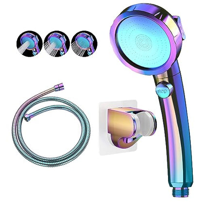 Drill-Free High Pressure Handheld Shower Head with ON/OFF Switch, 3 Spray Modes - Polished Finish, Shower Head (Radiant Rainbow) + Bracket + Hose | 3 Spray Modes with ON/OFF Switch, Detachable Dog Shower Attachment, Pet Shower Wand with Bracket & Hose, Ra