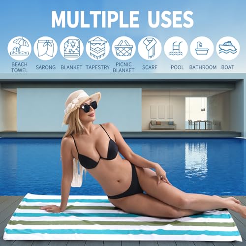 Beach Towel Set-4 Pack 30"x60" Sand Free Stripe Beach Towel for Pool,Bathroom,Soft Absorbent Quick Dry Lightweight Beach Bath Towel,Camping Blanket,Travel Towel,Beach Essentials for Adults,Teal/Green - color: Teal/Green