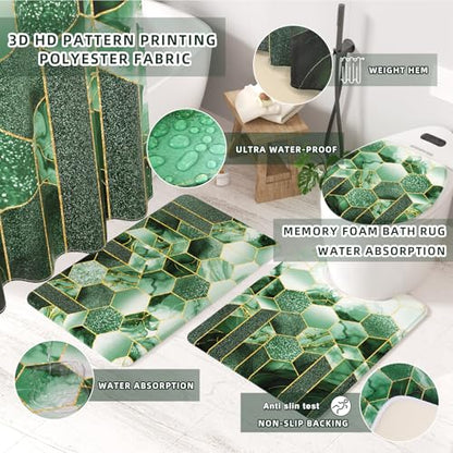 XLHOMO Bathroom Set - 26PC Bathroom Set with Shower Curtain and Rugs, Bathroom Accessory Set, Dark Green Bathroom Accessories Set, Trash Can & Soap Dispenser - style: Dark Green&Gold