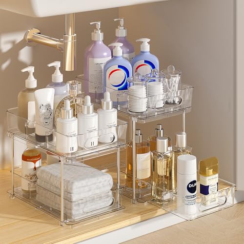 Delamu 2 Tier Under Sink Organizer Bathroom, Bathroom Cabinet Organizer with Snap-Lock Design and Hooks, Pull Out Storage with Movable Dividers, for Countertop, Kitchen and Pantry (Clear, 2 Pack) - color: Clear, size: 2 pack