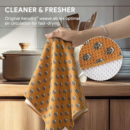 RECYCO Waffle Kitchen Towel Set of 2 - Quick Dry Microfiber Sustainable Dish Towels - Ultra Absorbent Reusable Cleaning Tea Towels - Lightweight Hand Towels,16”x 28”, Amber Flora - color: Amber Flora