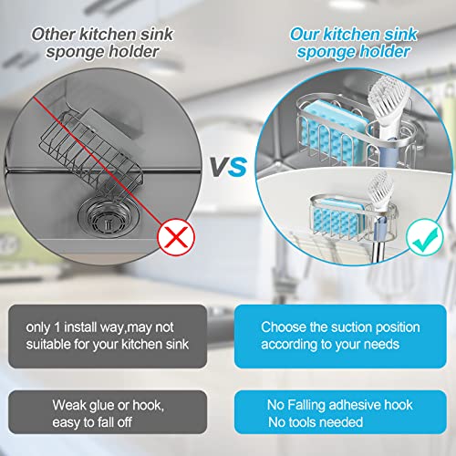 2-in-1 Sponge Holder for Kitchen Sink, Sink Caddy Kitchen Sink Organizer with 3 Suction Cups, No Drill Rustproof Sink Sponge Holder for Dish Brush, Soap & Sponge (Silver) - color: A Style-Silver