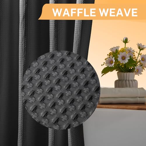 River Dream No Hooks Shower Curtain with 2 Snap in Liner, Dark Grey, 71x74 | Waffle Weave, 1 Attached Snap in Liner and 1 Extra Replacement Liner, Bathroom Curtains Shower Set, Hotel Grade, Spa Like - color: Graphite Grey