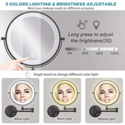 8" Lighted Wall Mounted Makeup Magnifying Mirror 10X, Matte Black | Rechargeable Brass 2-Sided Bathroom Vanity, Swivel Extension Arm 360 Rotation, 3 Color Adustable Touch Sensor Dimmable