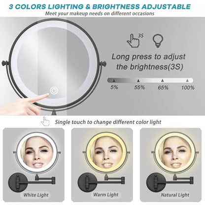 8" Lighted Wall Mounted Makeup Magnifying Mirror 10X, Matte Black | Rechargeable Brass 2-Sided Bathroom Vanity, Swivel Extension Arm 360 Rotation, 3 Color Adustable Touch Sensor Dimmable