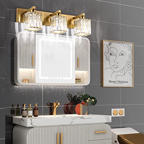 Aipsun Bathroom Vanity Light Fixtures Crystal Vanity Lighting Fixtures Brass 3 Light Bathroom Lighting (Exclude Bulb) - color: Gold, size: 23 inch