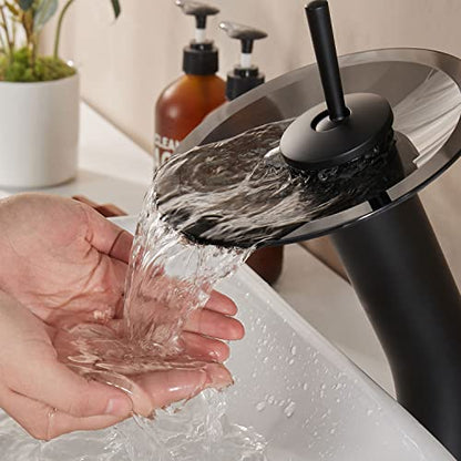 Waterfall Bathroom Faucet Glass Single Handle Solid Brass Basin Lavatory Vessel Sink Vanity Faucet, Tall, Black - color: Black