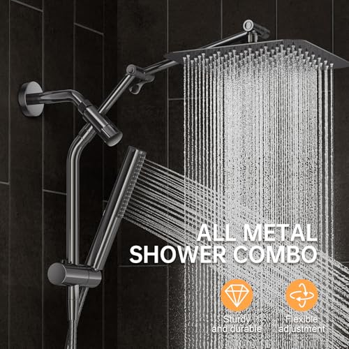 Veken All Metal 10" Luxurious Gray Rain Shower Heads with Handheld Spray | Dual High Pressure Shower Head,Square Detachable Rainfall Showerhead with Extension Arm,Regaderas Para Shower,Ducha Para Baño - color: Premium Grey, size: 10 Inch