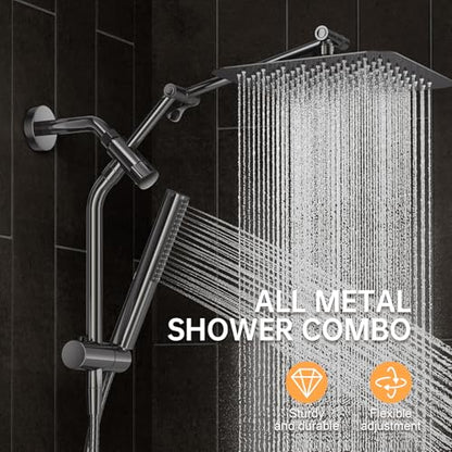 Veken All Metal 10" Luxurious Gray Rain Shower Heads with Handheld Spray | Dual High Pressure Shower Head,Square Detachable Rainfall Showerhead with Extension Arm,Regaderas Para Shower,Ducha Para Baño - color: Premium Grey, size: 10 Inch