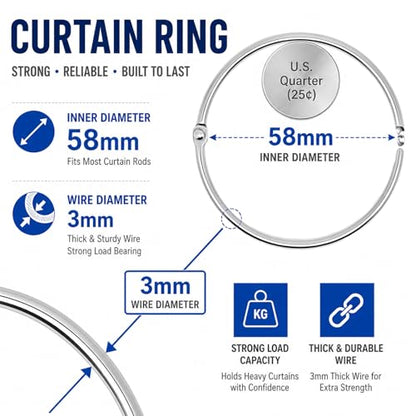 12 Pack 304 Stainless Steel Shower Curtain Rings, Rustproof 58mm ID | Openable hinged hooks, 58mm / 2.28" inner diameter, 3mm heavy duty wire, polished opening, double rivets - color: 12 Pack