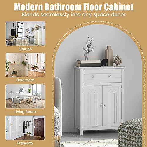 COSTWAY Bathroom Floor Cabinet, Wooden Side Storage Organizer w/Larger Drawer, Adjustable Shelf & 2-Door Cupboard, Freestanding Storage Cabinet for Living Room, Kitchen, Entryway (White) | Larger Drawer, Adjustable Shelf & 2-Door Cupboard, Freestanding St