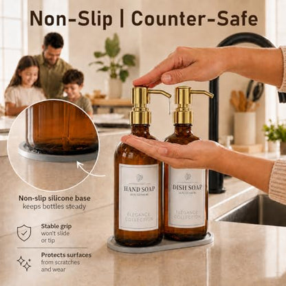 Fachixy Amber Glass Soap Dispenser 2 Pack, 16 Fl Oz, 14 Waterproof Labels | Rust-Resistant Stainless Steel Pump, Non-Slip Pad, Hand & Dish Soap Dispenser Bottles Set for Kitchen and Bathroom - color: Amber