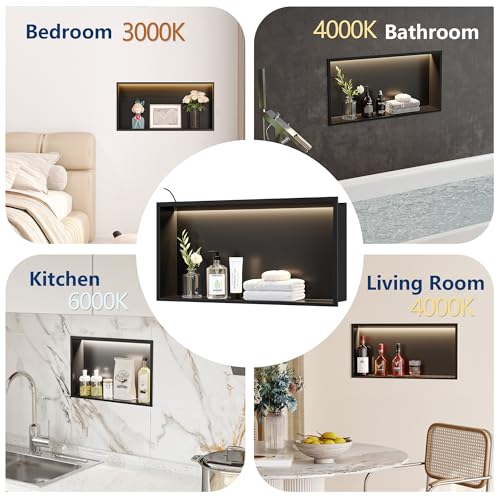 18"x12"Black LED Shower Niche,3 CCT Dimmable Light, No Tile Needed | 304 Stainless Steel Bathroom Niche w/ Light(3000K/4000K/6000K), IP66 Waterproof, Space Saving & Durable ,LED Driver Included - color: Matte Black, size: 18X12In