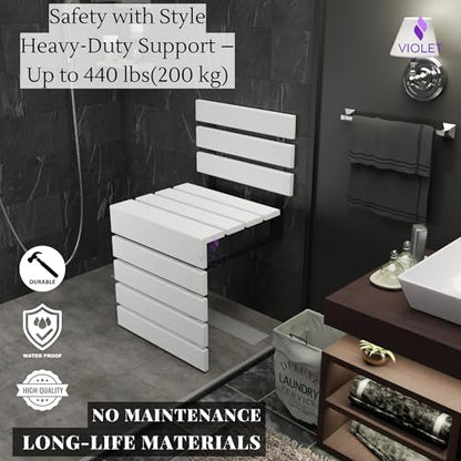 Folding Wall Mounted Teak Wood Shower Seat with Backrest, Water Resistant Foldable Bathroom Stool with Legs, Premium Materials Handmade Shoe Changing Bench, Space Saving and Super Safe Chair (White) - color: White
